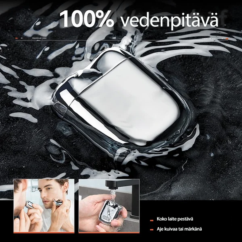 Kompakti ladattava vedenpitävä partakone, hopea, terävät terät, taskukokoinen, matkalle sopiva, parranajoon suihkussa.