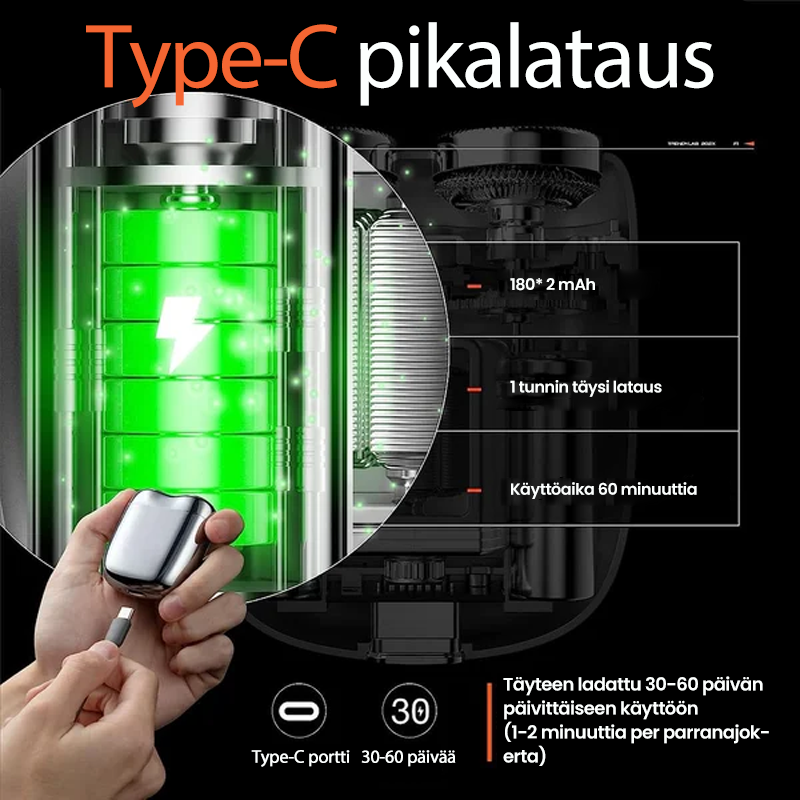Kompakti ladattava vedenpitävä partakone, hopea, terävät terät, taskukokoinen, matkalle sopiva, parranajoon suihkussa.