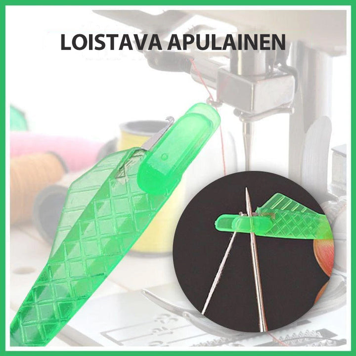 Kompakt trådtræder til symaskiner, holdbar af plastik og metal, gør det nemmere at tråde i svagt lys.