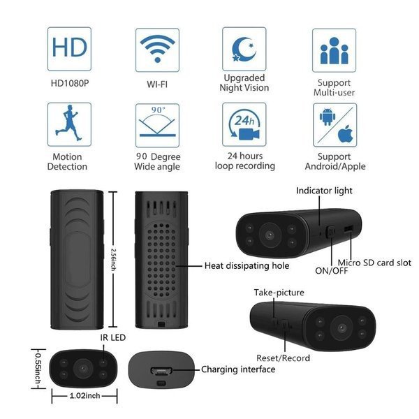 "Kompakti langaton Wifi-kamera, 1080P laajakuvalla ja infrapuna-LED-valoilla, turvalliseen lähiötarkkailuun."