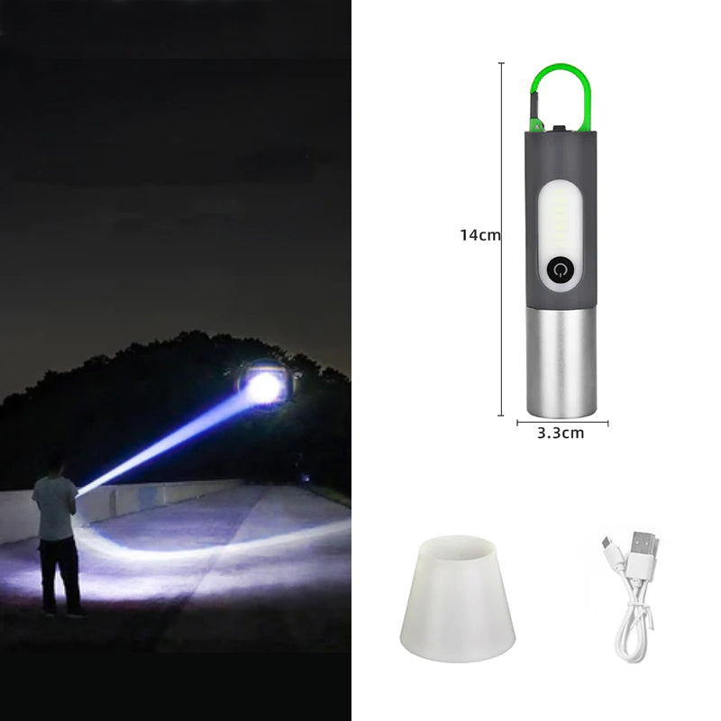 "Kompakti monikäyttöinen zoomattava LED-taskulamppu, 1000 lumenia, USB-C lataus, alumiinirunko ja neljä valotilaa."