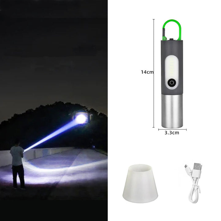"Kompakti monikäyttöinen zoomattava LED-taskulamppu, 1000 lumenia, USB-C lataus, alumiinirunko ja neljä valotilaa."