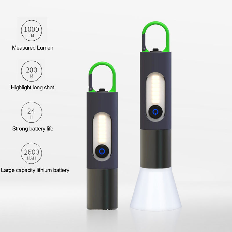 "Kompakti monikäyttöinen zoomattava LED-taskulamppu, 1000 lumenia, USB-C lataus, alumiinirunko ja neljä valotilaa."
