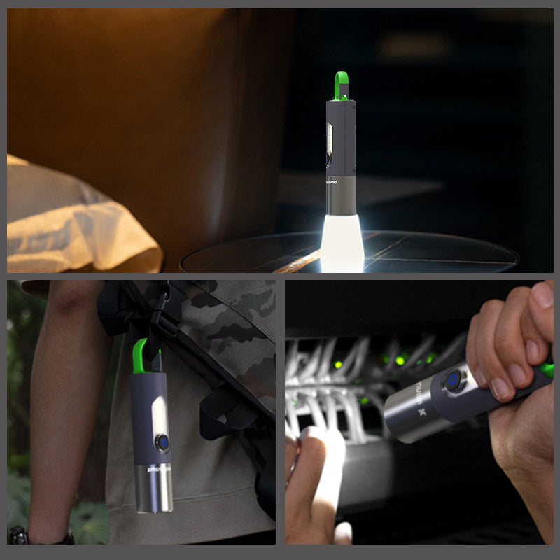 "Kompakti monikäyttöinen zoomattava LED-taskulamppu, 1000 lumenia, USB-C lataus, alumiinirunko ja neljä valotilaa."