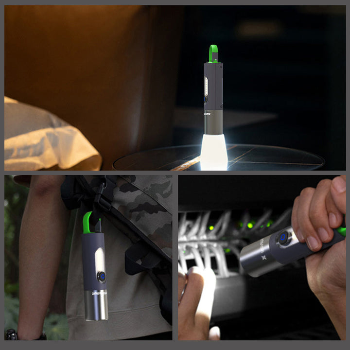 "Kompakti monikäyttöinen zoomattava LED-taskulamppu, 1000 lumenia, USB-C lataus, alumiinirunko ja neljä valotilaa."