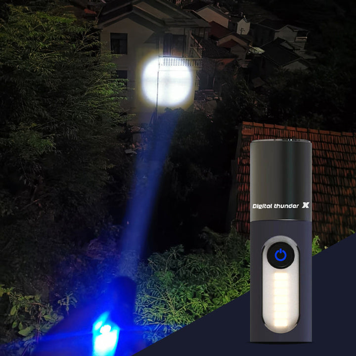 "Kompakti monikäyttöinen zoomattava LED-taskulamppu, 1000 lumenia, USB-C lataus, alumiinirunko ja neljä valotilaa."
