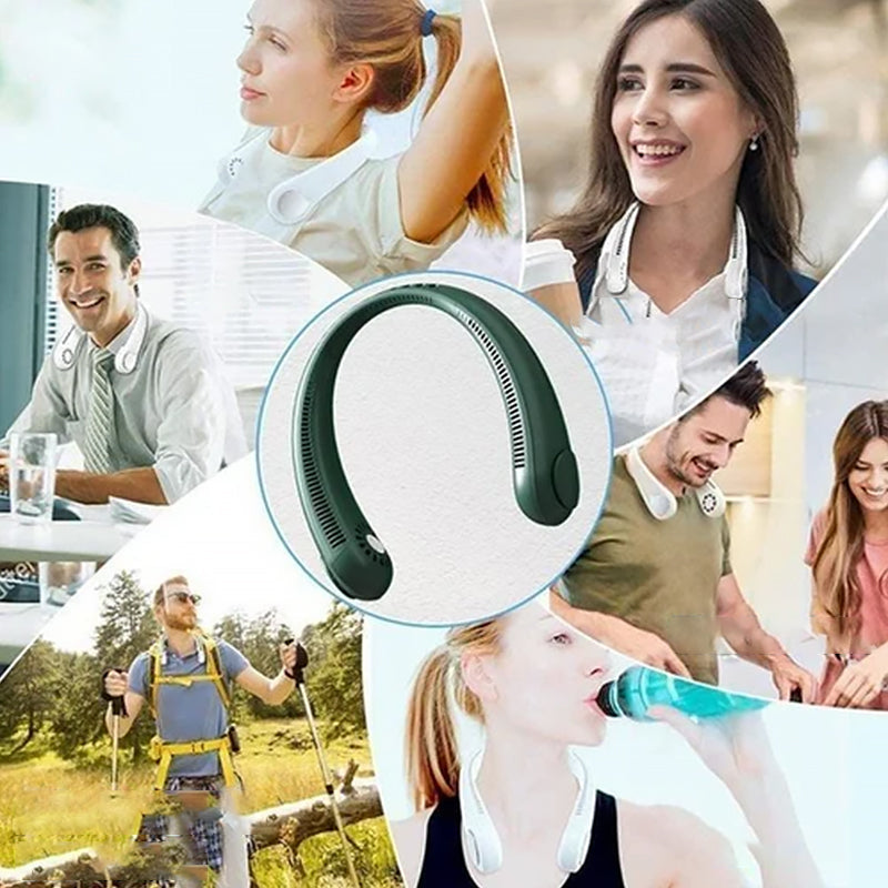 Kompakt multifarvet håndfri halsventilator, fire farvevalg, egnet til udendørs og pendling, støjsvag og bærbar