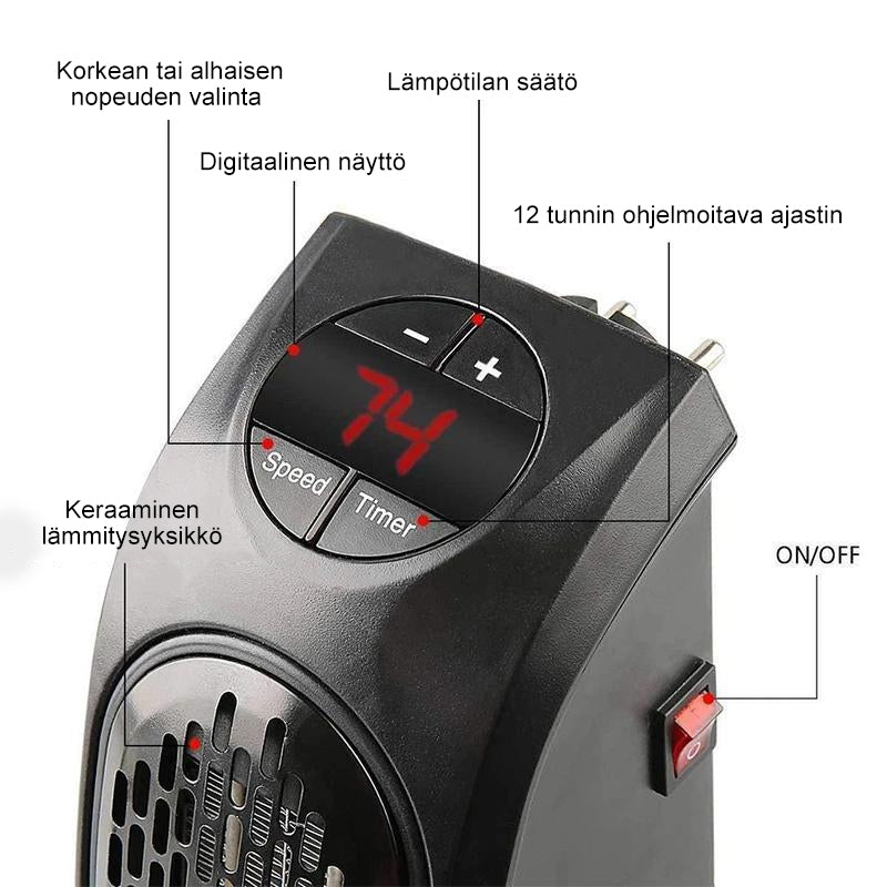 Kompakt sort varmelegeme med keramisk varmeelement; effektiv, nem at bruge, energieffektiv og passer ind i indretningen
