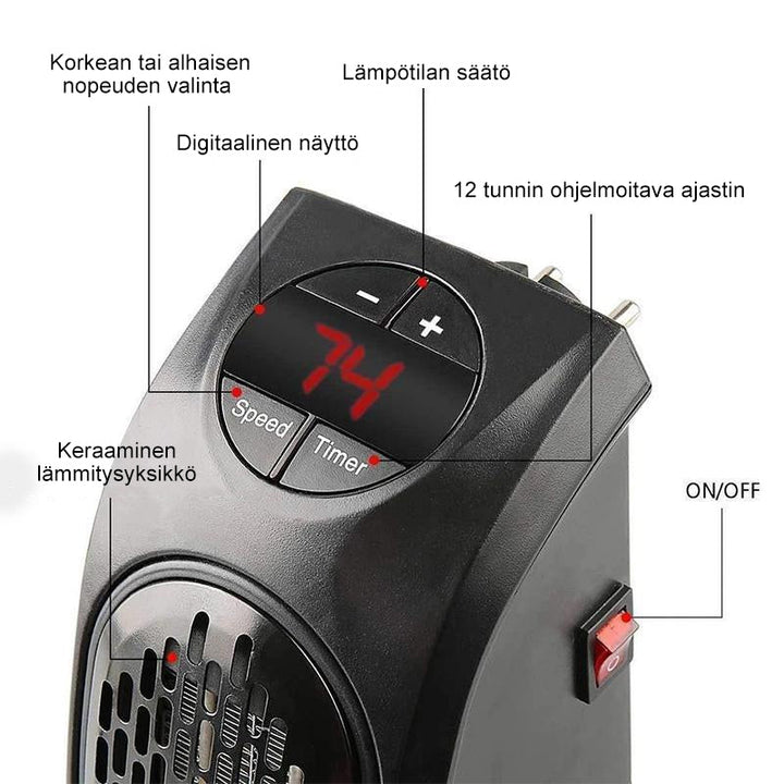 Kompakt sort varmelegeme med keramisk varmeelement; effektiv, nem at bruge, energieffektiv og passer ind i indretningen