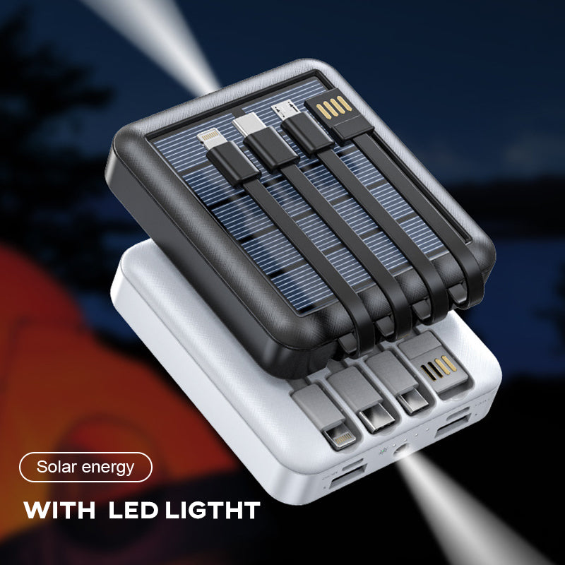 Kompakt sort mini solcelle powerbank med to USB-porte og LED-lommelygte, til camping og udendørs brug.