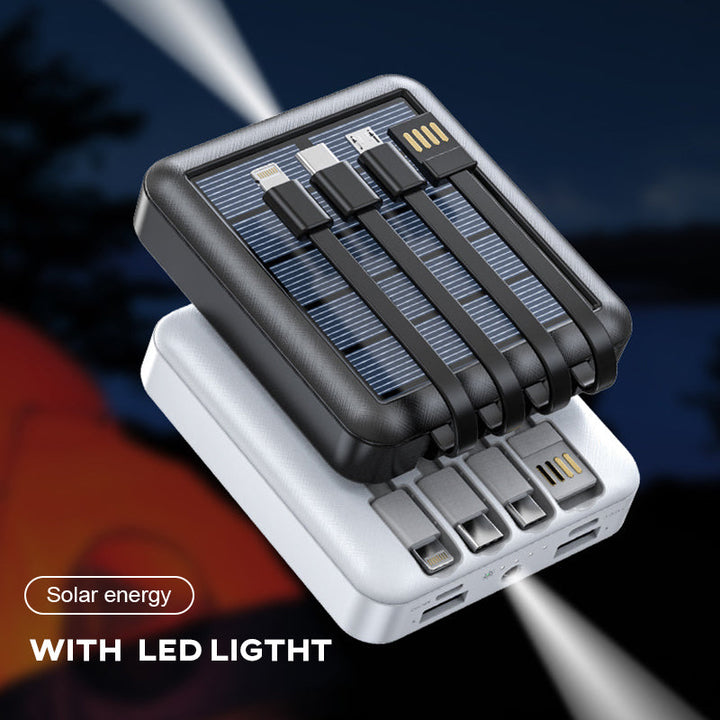 Kompakt sort mini solcelle powerbank med to USB-porte og LED-lommelygte, til camping og udendørs brug.