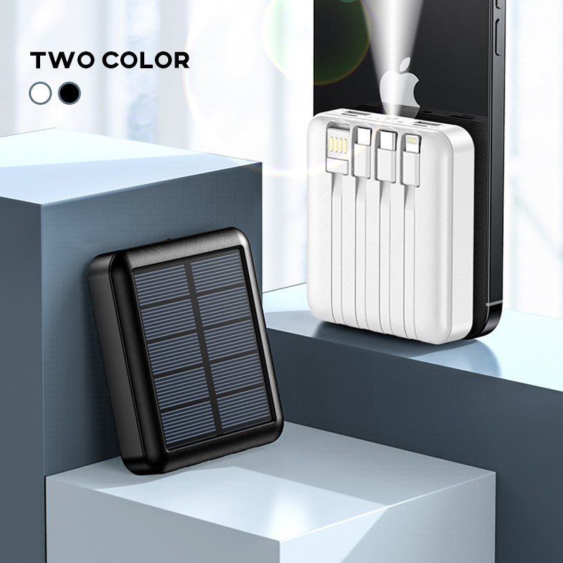 Kompakt sort mini solcelle powerbank med to USB-porte og LED-lommelygte, til camping og udendørs brug.