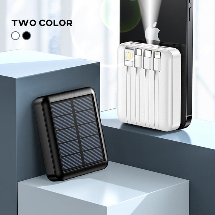 Kompakt sort mini solcelle powerbank med to USB-porte og LED-lommelygte, til camping og udendørs brug.