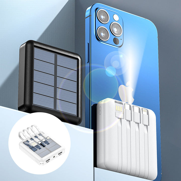 Kompakt sort mini solcelle powerbank med to USB-porte og LED-lommelygte, til camping og udendørs brug.