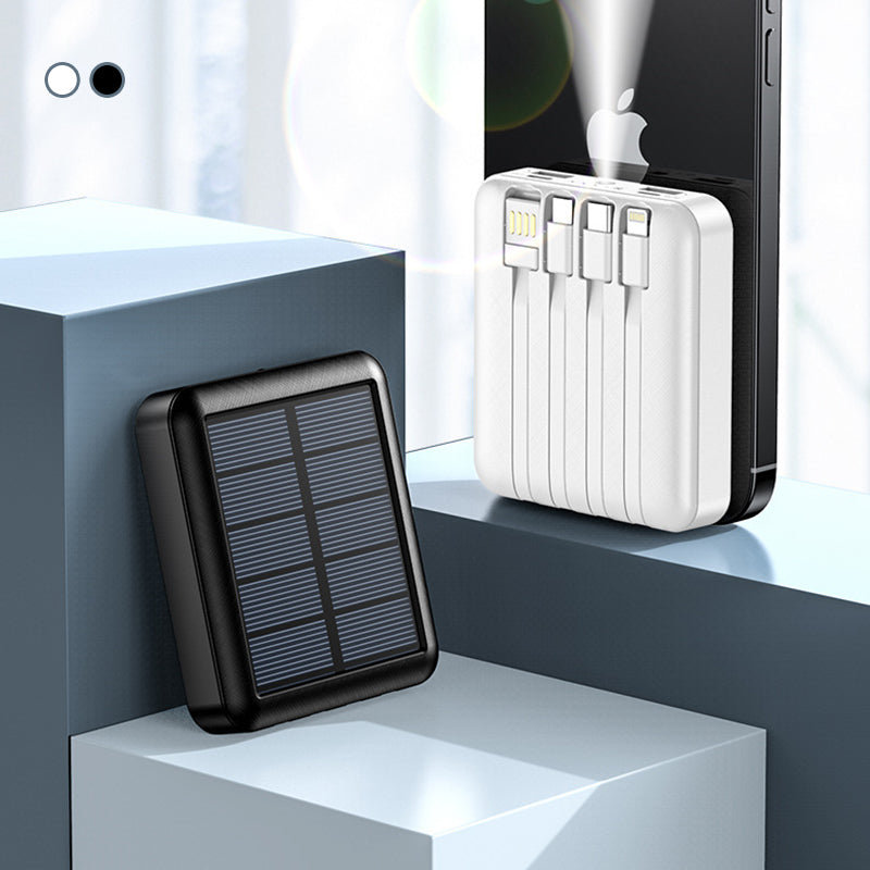 Kompakt sort mini solcelle powerbank med to USB-porte og LED-lommelygte, til camping og udendørs brug.