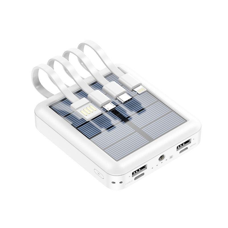Kompakt sort mini solcelle powerbank med to USB-porte og LED-lommelygte, til camping og udendørs brug.