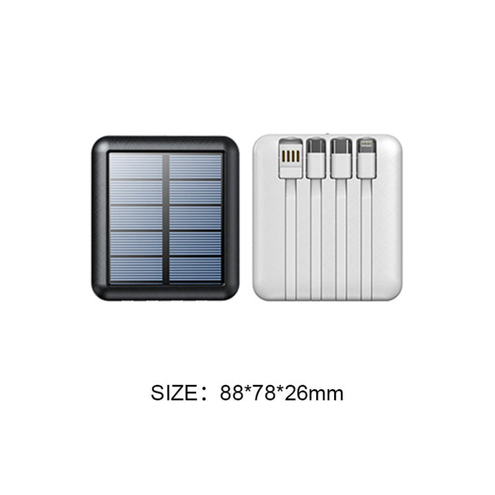 Kompakt sort mini solcelle powerbank med to USB-porte og LED-lommelygte, til camping og udendørs brug.