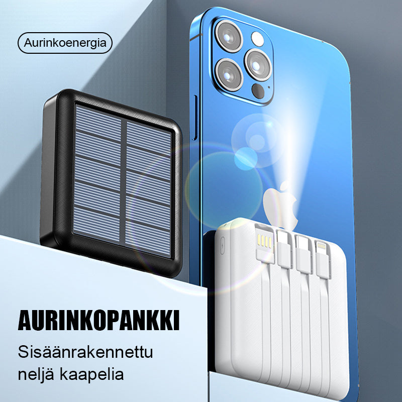 Kompakt sort mini solcelle powerbank med to USB-porte og LED-lommelygte, til camping og udendørs brug.