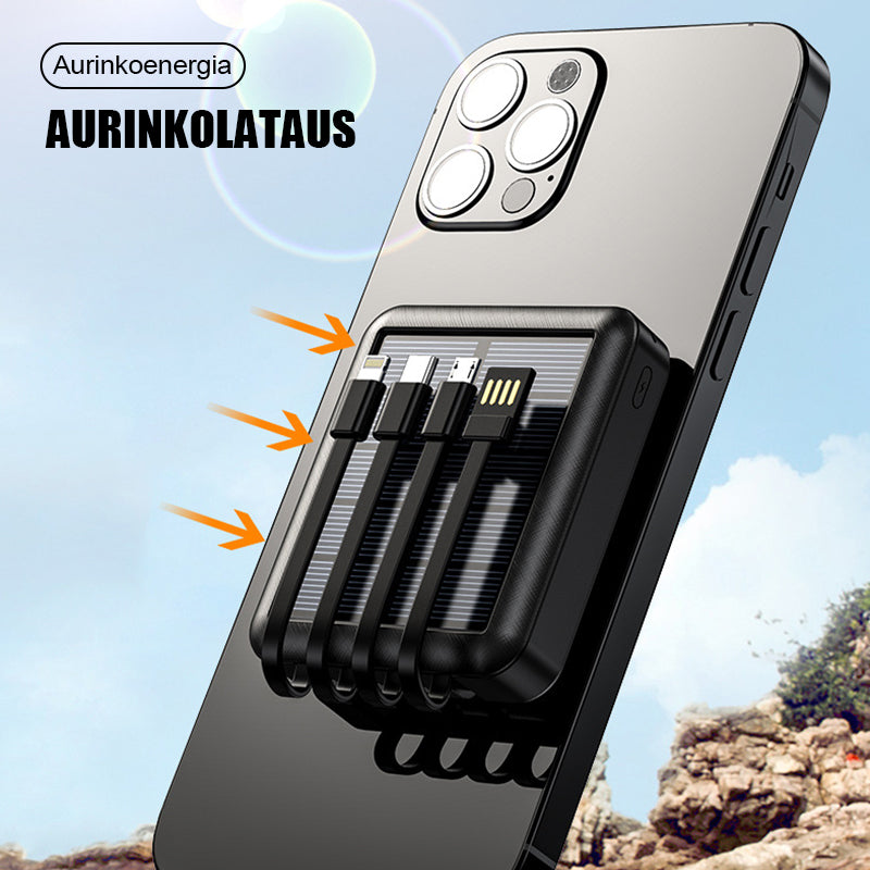 Kompakti musta mini aurinkoenergia virtapankki, kahdella USB-liitännällä ja LED-taskulampulla, retkeilyyn ja ulkokäyttöön.