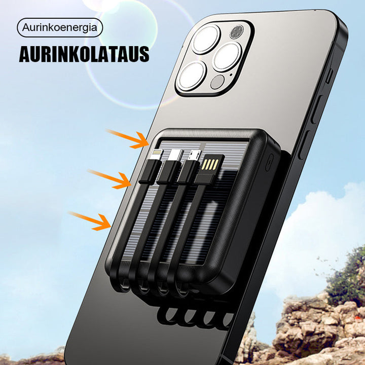 Kompakti musta mini aurinkoenergia virtapankki, kahdella USB-liitännällä ja LED-taskulampulla, retkeilyyn ja ulkokäyttöön.