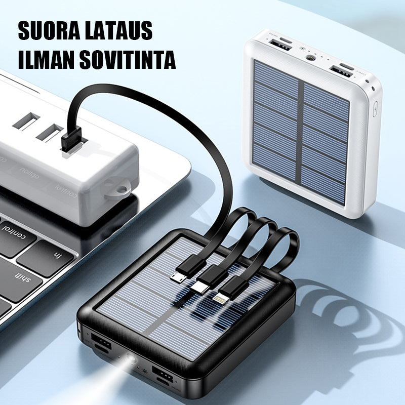 Kompakti musta mini aurinkoenergia virtapankki, kahdella USB-liitännällä ja LED-taskulampulla, retkeilyyn ja ulkokäyttöön.