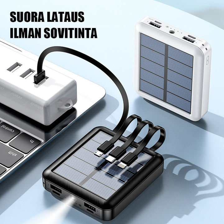 Kompakti musta mini aurinkoenergia virtapankki, kahdella USB-liitännällä ja LED-taskulampulla, retkeilyyn ja ulkokäyttöön.