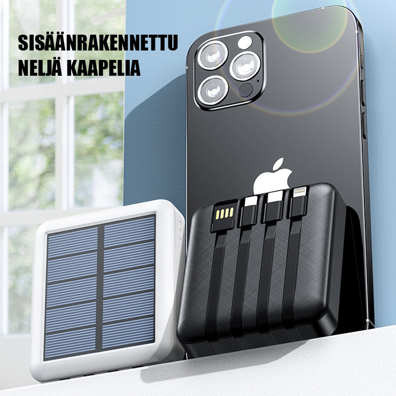 Kompakti musta mini aurinkoenergia virtapankki, kahdella USB-liitännällä ja LED-taskulampulla, retkeilyyn ja ulkokäyttöön.