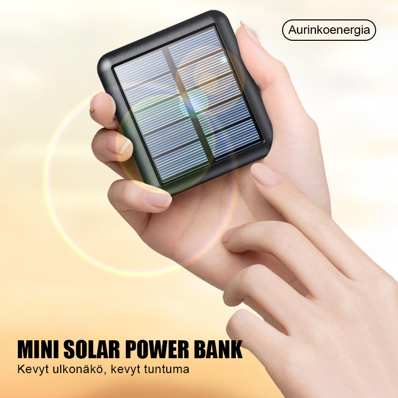 Kompakti musta mini aurinkoenergia virtapankki, kahdella USB-liitännällä ja LED-taskulampulla, retkeilyyn ja ulkokäyttöön.