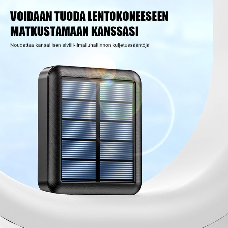 Kompakti musta mini aurinkoenergia virtapankki, kahdella USB-liitännällä ja LED-taskulampulla, retkeilyyn ja ulkokäyttöön.