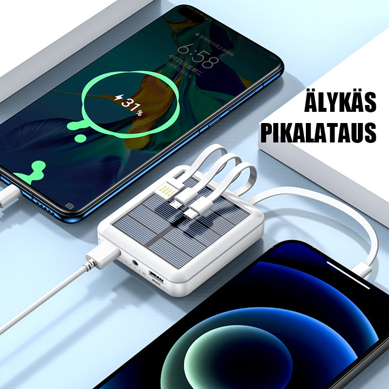 Kompakti musta mini aurinkoenergia virtapankki, kahdella USB-liitännällä ja LED-taskulampulla, retkeilyyn ja ulkokäyttöön.
