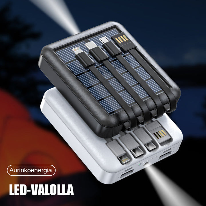 Kompakti musta mini aurinkoenergia virtapankki, kahdella USB-liitännällä ja LED-taskulampulla, retkeilyyn ja ulkokäyttöön.