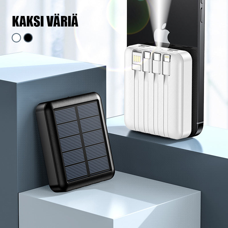 Kompakti musta mini aurinkoenergia virtapankki, kahdella USB-liitännällä ja LED-taskulampulla, retkeilyyn ja ulkokäyttöön.