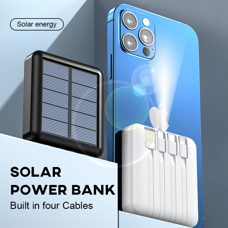 Kompakt sort mini solcelle powerbank med to USB-porte og LED-lommelygte, til camping og udendørs brug.