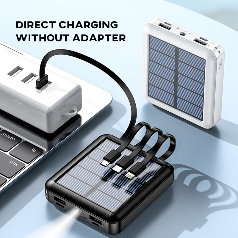 Kompakt sort mini solcelle powerbank med to USB-porte og LED-lommelygte, til camping og udendørs brug.
