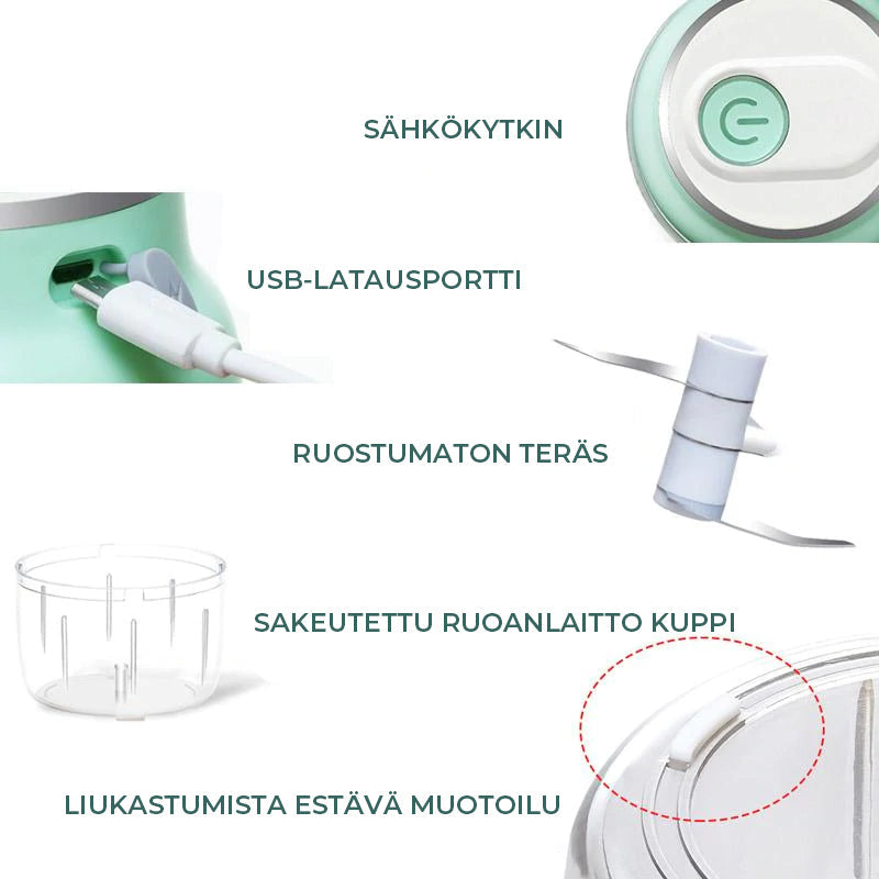 Kompakt elektrisk minihakker USB-opladelig, knive i rustfrit stål, lille og firkantet, hvid i kabinettet.