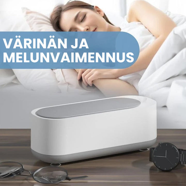 Kompakt hvid-grå ultralyd renser til dybderensning; fjerner snavs fra briller og smykker med højfrekvent vibration
