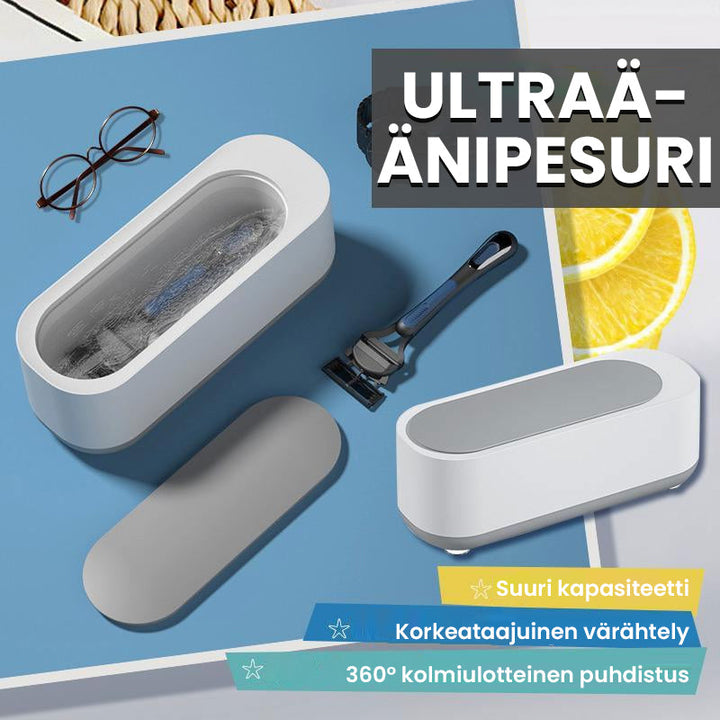 Kompakt hvid-grå ultralyd renser til dybderensning; fjerner snavs fra briller og smykker med højfrekvent vibration
