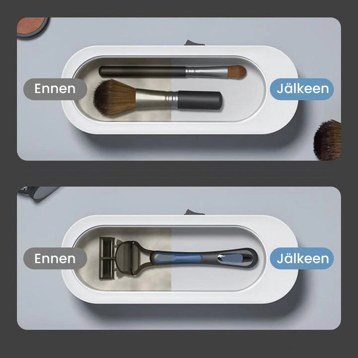 Kompakt hvid-grå ultralyd renser til dybderensning; fjerner snavs fra briller og smykker med højfrekvent vibration
