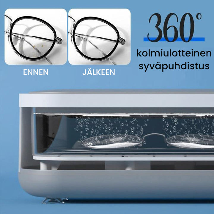 Kompakt hvid-grå ultralyd renser til dybderensning; fjerner snavs fra briller og smykker med højfrekvent vibration