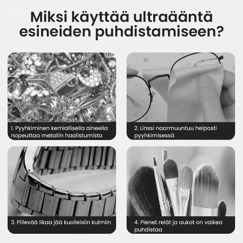 Kompakt hvid-grå ultralyd renser til dybderensning; fjerner snavs fra briller og smykker med højfrekvent vibration