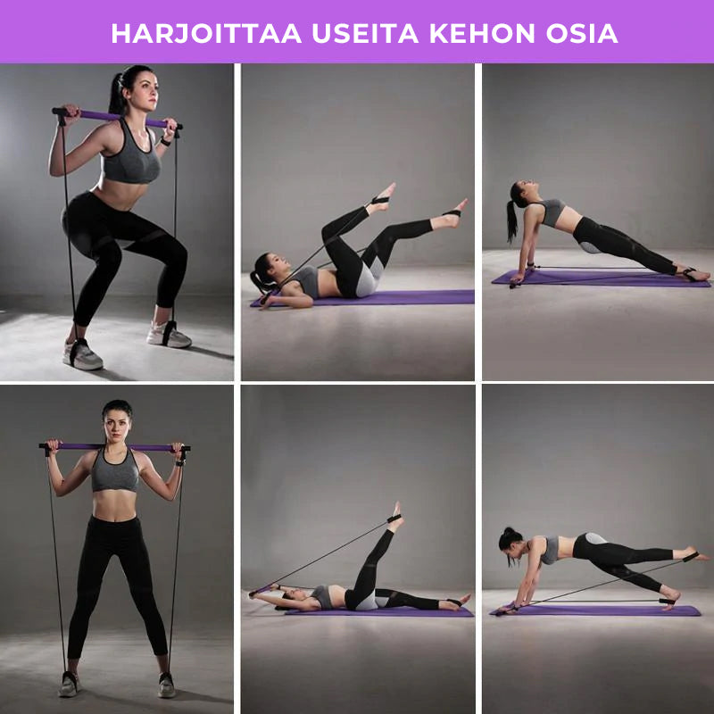 Kompakt violet bærbart Pilates-stangssæt med modstandsbånd, ideelt til alsidig kropstræning og nem transport.