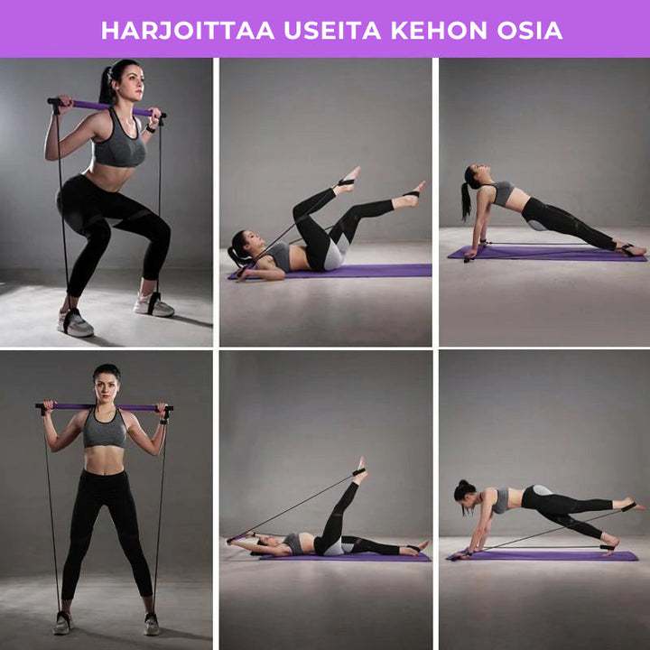 Kompakt violet bærbart Pilates-stangssæt med modstandsbånd, ideelt til alsidig kropstræning og nem transport.