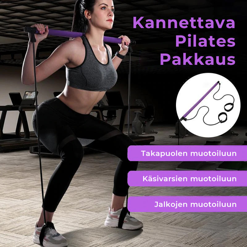 Kompakt violet bærbart Pilates-stangssæt med modstandsbånd, ideelt til alsidig kropstræning og nem transport.