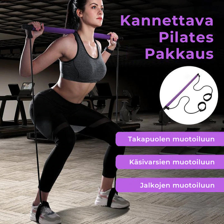 Kompakt violet bærbart Pilates-stangssæt med modstandsbånd, ideelt til alsidig kropstræning og nem transport.