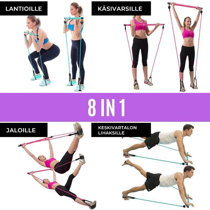 Kompakt violet bærbart Pilates-stangssæt med modstandsbånd, ideelt til alsidig kropstræning og nem transport.