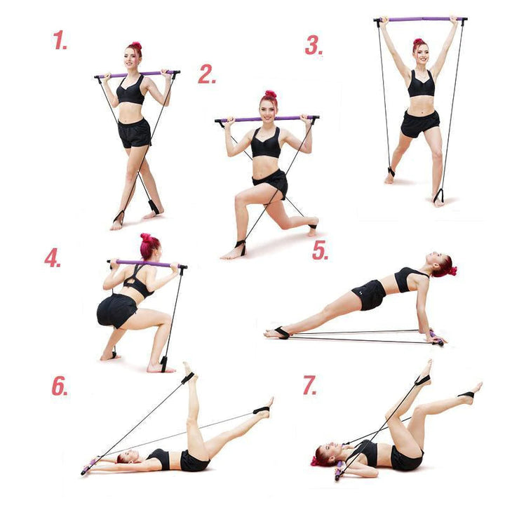 Kompakt violet bærbart Pilates-stangssæt med modstandsbånd, ideelt til alsidig kropstræning og nem transport.