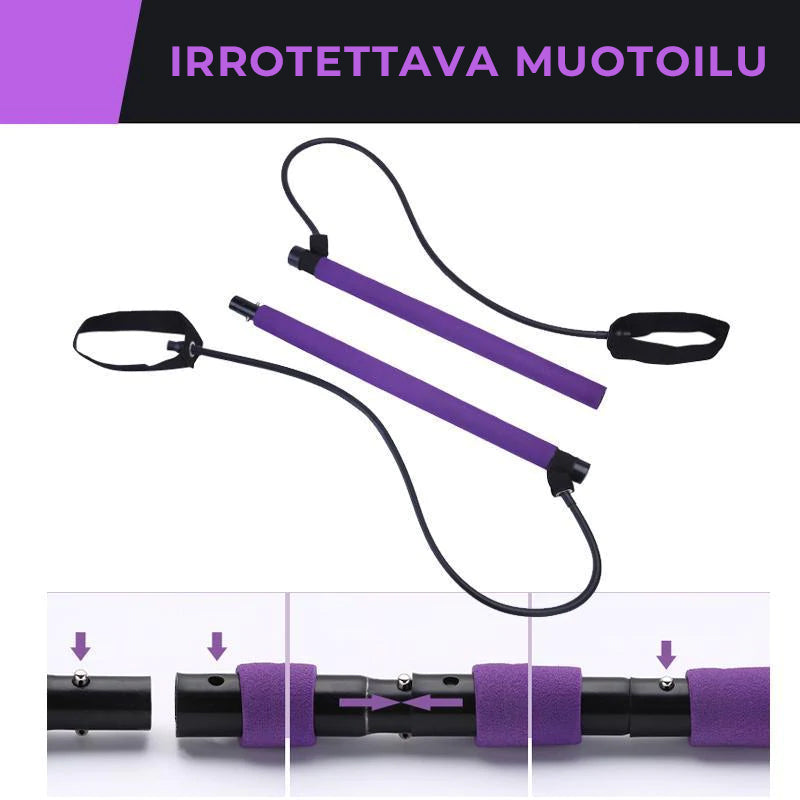 Kompakt violet bærbart Pilates-stangssæt med modstandsbånd, ideelt til alsidig kropstræning og nem transport.