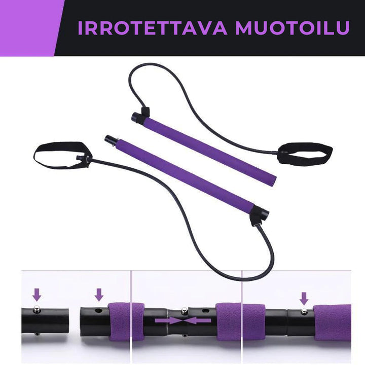 Kompakt violet bærbart Pilates-stangssæt med modstandsbånd, ideelt til alsidig kropstræning og nem transport.