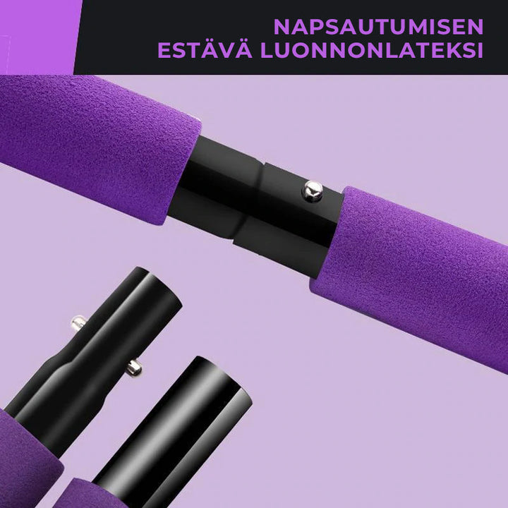 Kompakt violet bærbart Pilates-stangssæt med modstandsbånd, ideelt til alsidig kropstræning og nem transport.