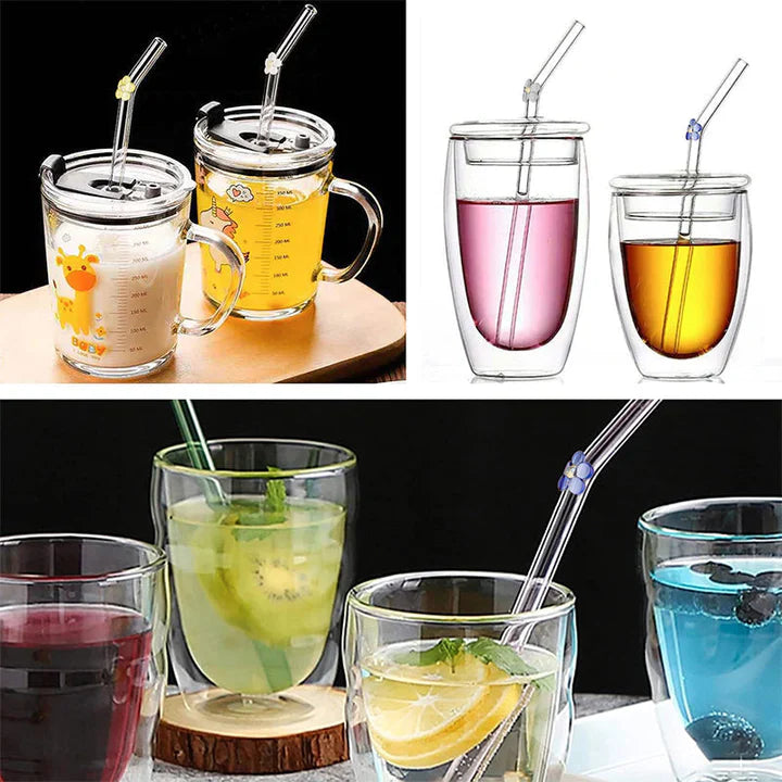 Dekorative glasstrohhalme med kirsebær-, blomster- og hjerte-motiver er et stilfuldt og miljøvenligt valg.